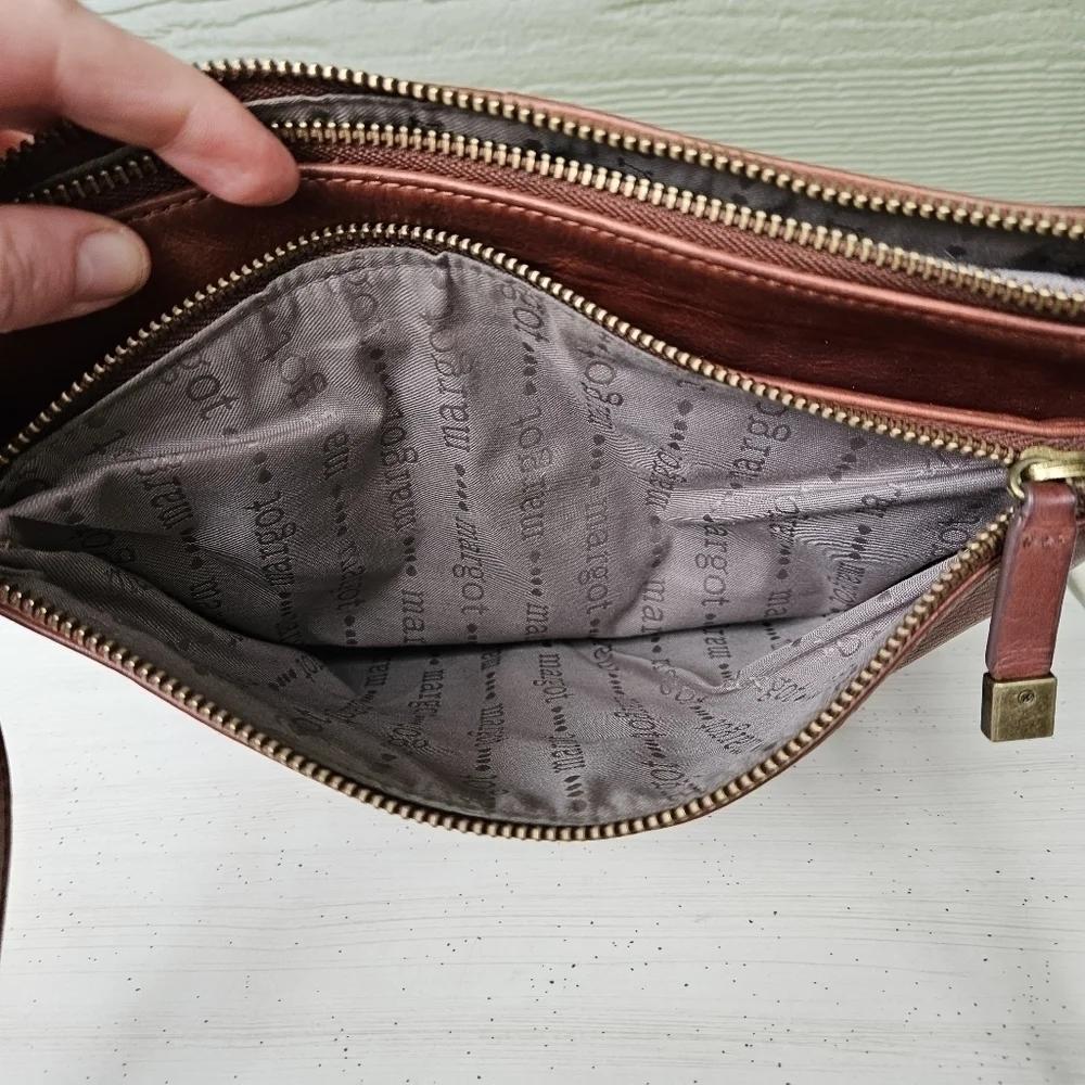 Margot Lorna Cognac Soft Brown Leather Crossbody Purse Zip Top Hobo Bag Satchel